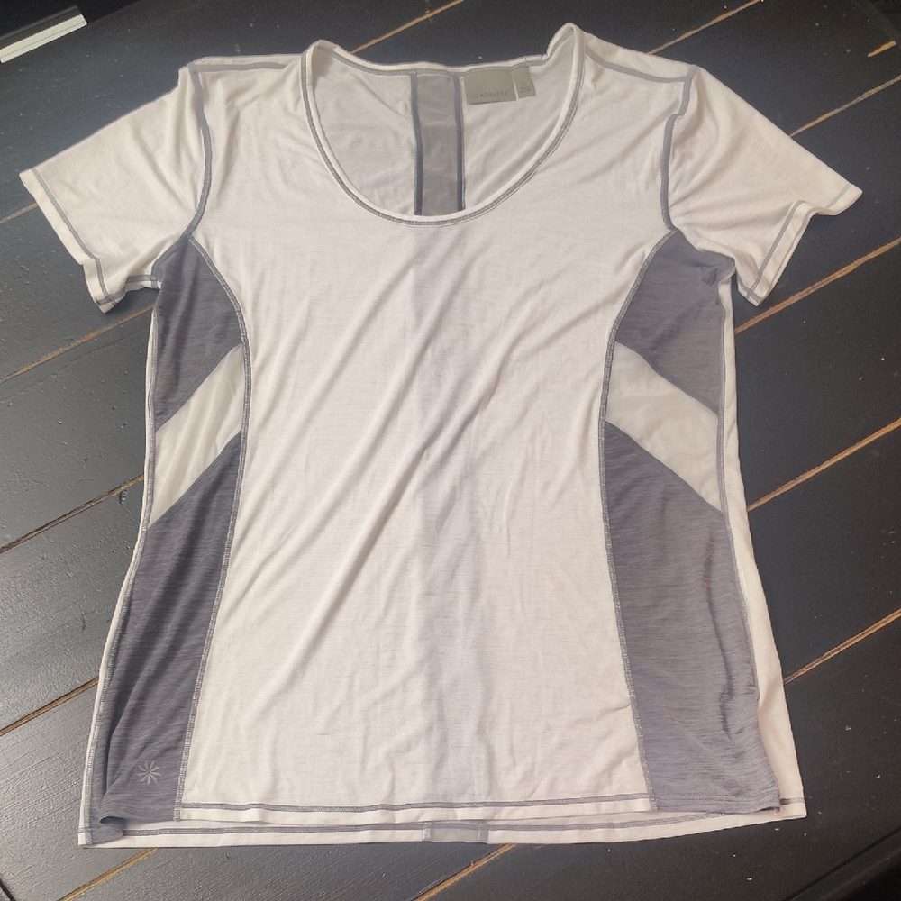 Athleta Gray and White Fitted Short Sleeve Tee Sheer Athletic ACTIVEWEAR SPORTSW